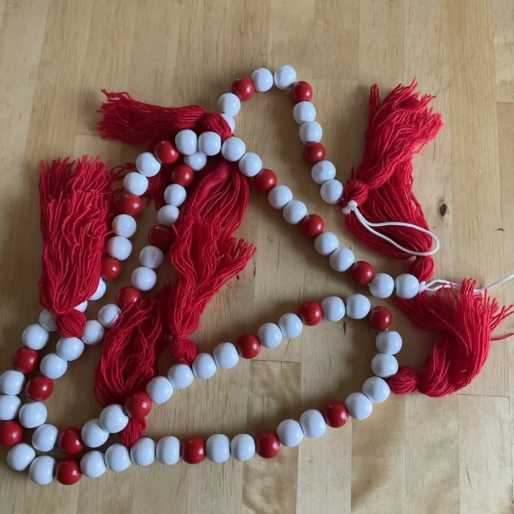 Red And White Wood Bead Garland Red Tassels Farmhouse Style
